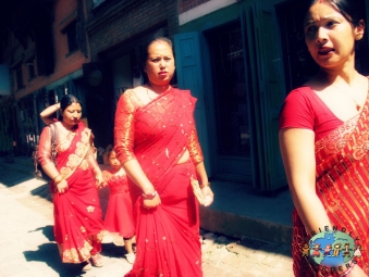 Nepali women in Kathmandu on their way to a celebration